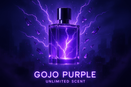 Stylish CGI bottle of Gojo Purple by AniScents glowing with purple energy.