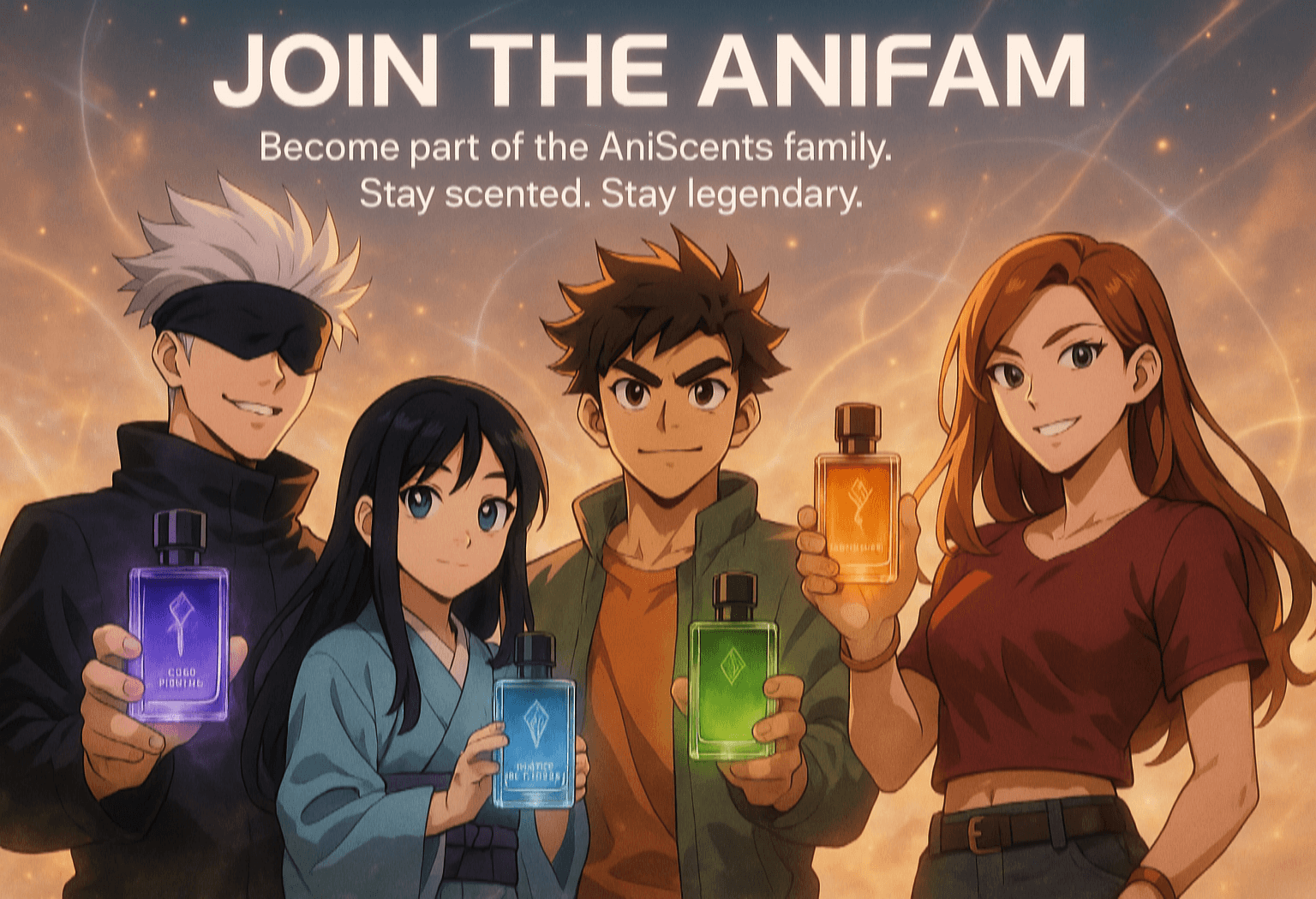Four animated characters holding perfume bottles with promotional text for 'AniScents' family.