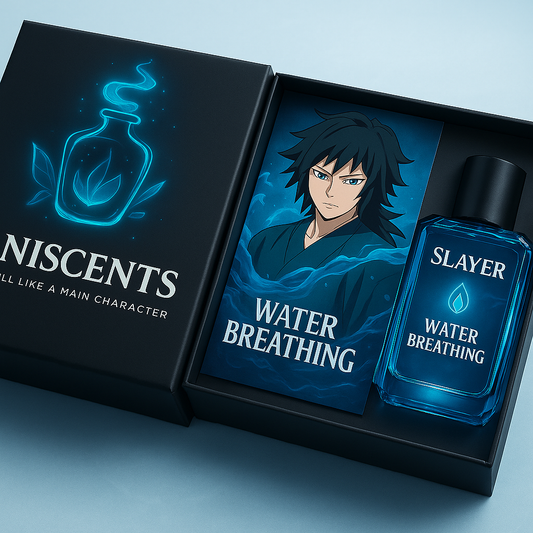 A sleek AniScents gift box featuring a glowing blue water droplet icon and the tagline “Smell Like a Main Character.” Inside, an anime-style character inspired by Giyu Tomioka from Demon Slayer appears calm yet powerful, with deep blue eyes, flowing black-blue hair, and a composed expression. Beside him is the elegant perfume bottle labeled “SLAYER WATER BREATHING – Eau de Parfum,” with gentle waves and splash graphics swirling around it. The entire composition evokes a sense of still power, graceful streng