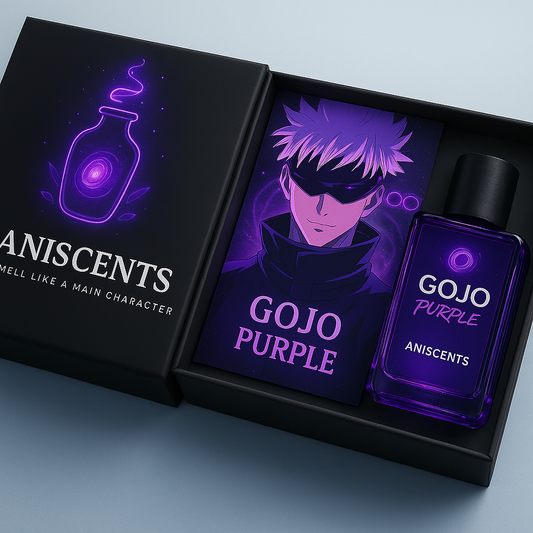A luxurious AniScents box glowing with purple energy, featuring the phrase “Smell Like a Main Character.” The design highlights an anime-inspired character resembling Gojo Satoru, with white hair, blindfolded eyes glowing faintly, and a confident smirk. Beside him stands a sleek, translucent perfume bottle labeled “GOJO PURPLE – Eau de Parfum,” radiating powerful violet swirls and sparkles. The background has a supernatural aura with glitchy textures and shattered energy effects, symbolizing unstoppable con