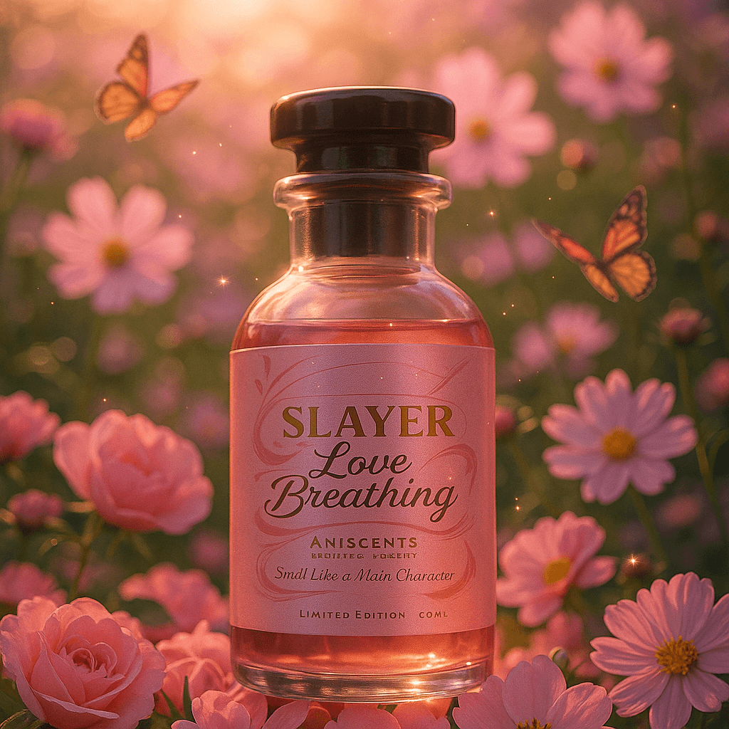 Bottle of Slayer Love Breathing in a field of flowers with butterflies