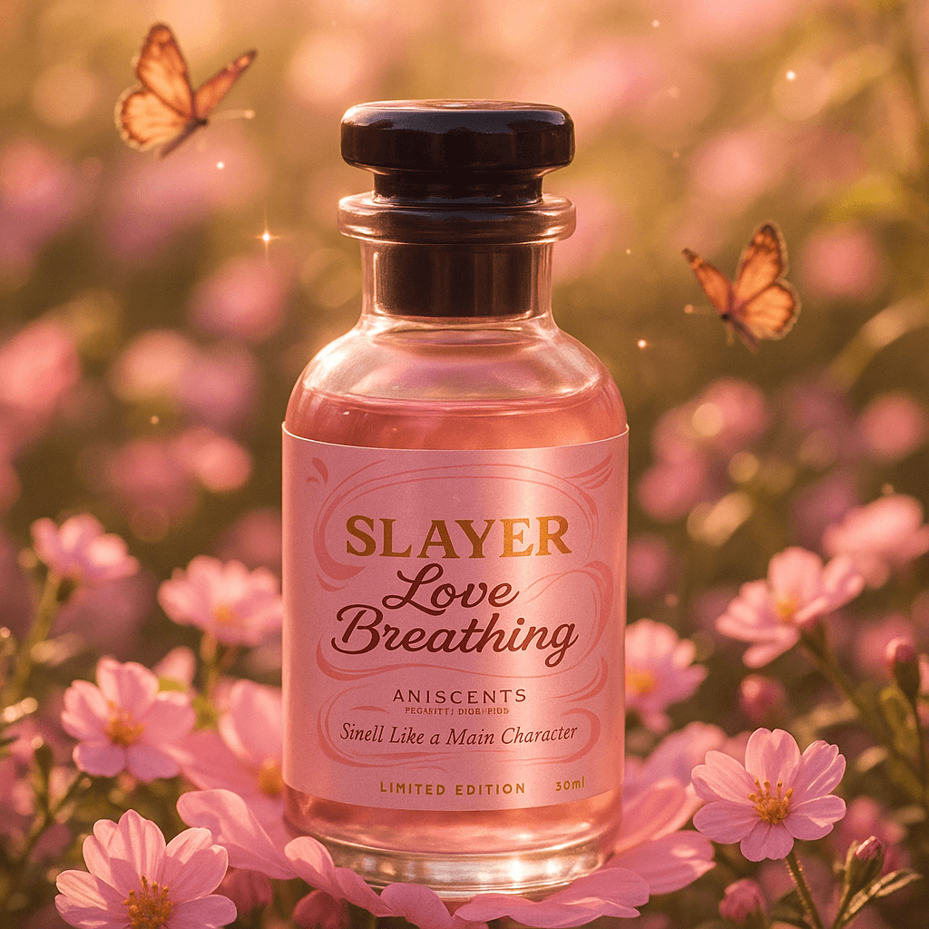 Bottle of Slayer Love Breathing perfume in a field of pink flowers with butterflies.