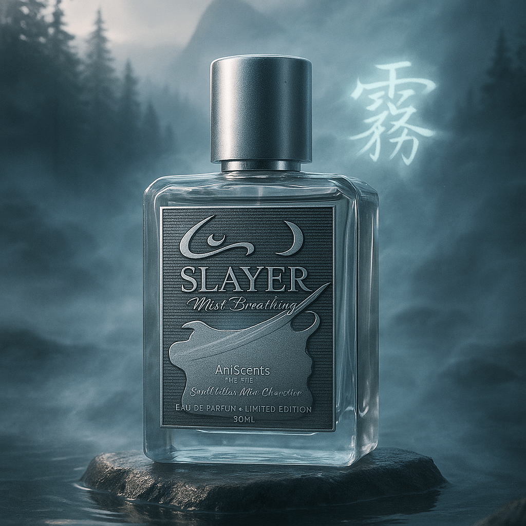 Bottle of 'Slayer Mist Breathing' perfume with a mystical background
