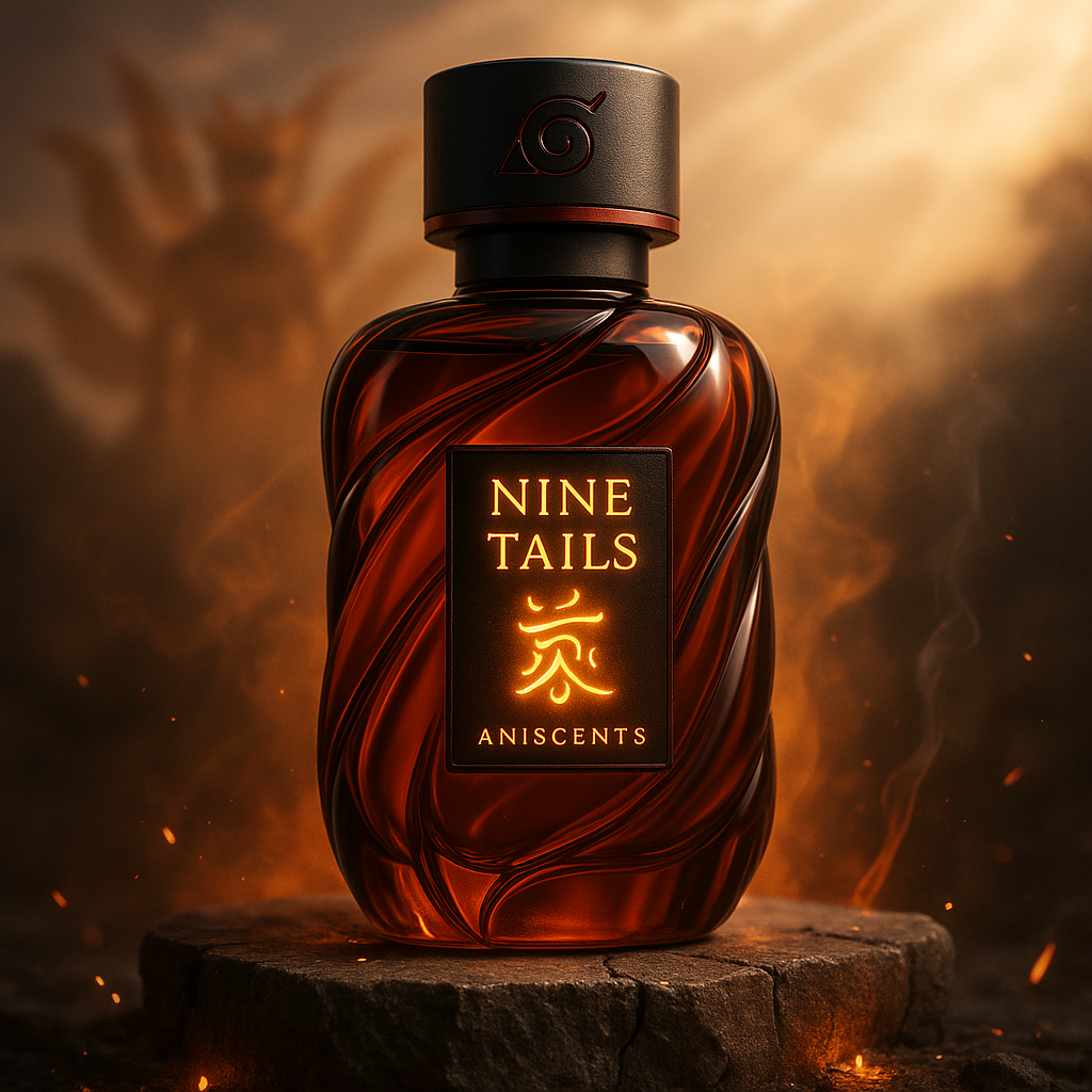 Bottle of Nine Tails Aniscentes perfume with a fiery background