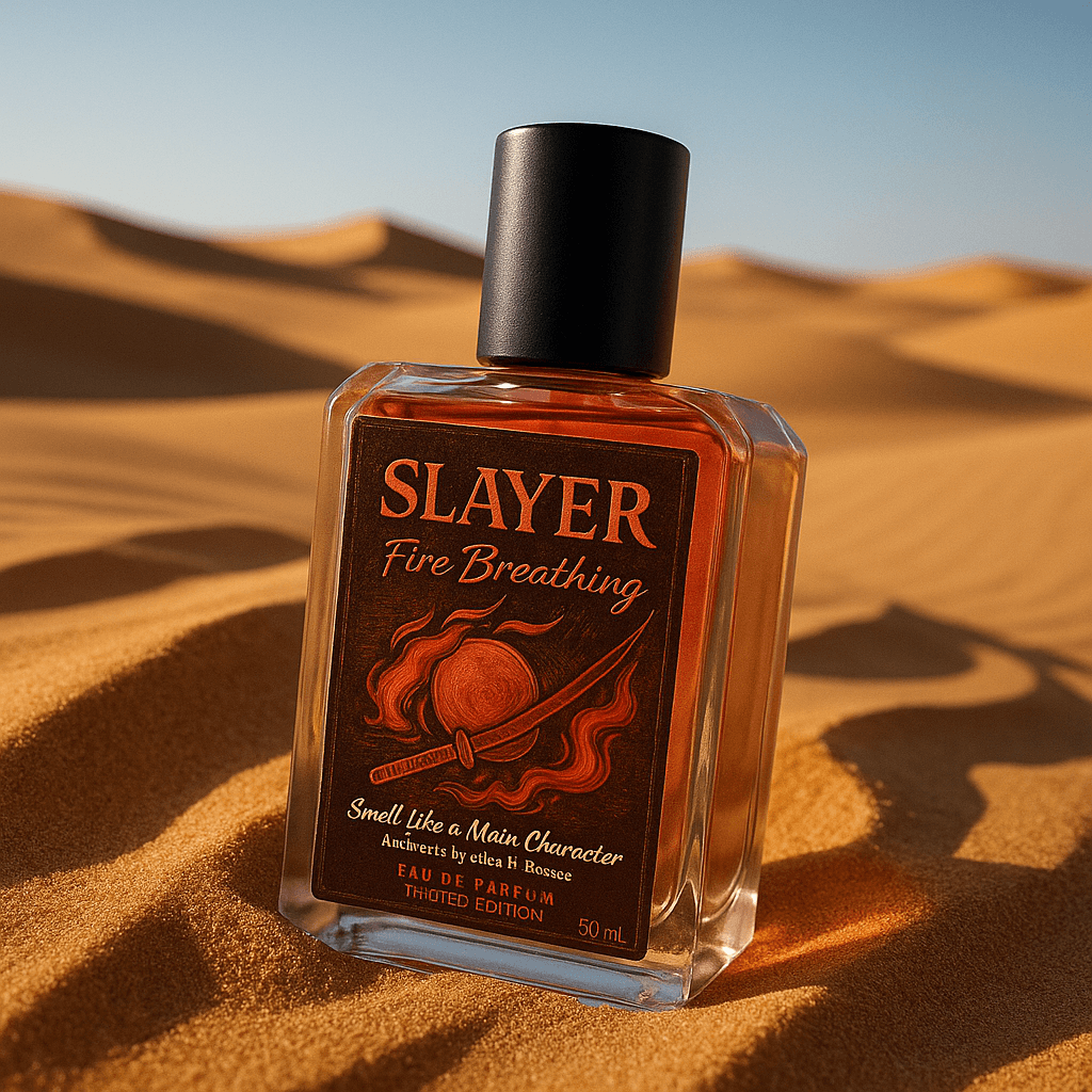 Bottle of 'Slayer Fire Breathing' perfume in a desert setting