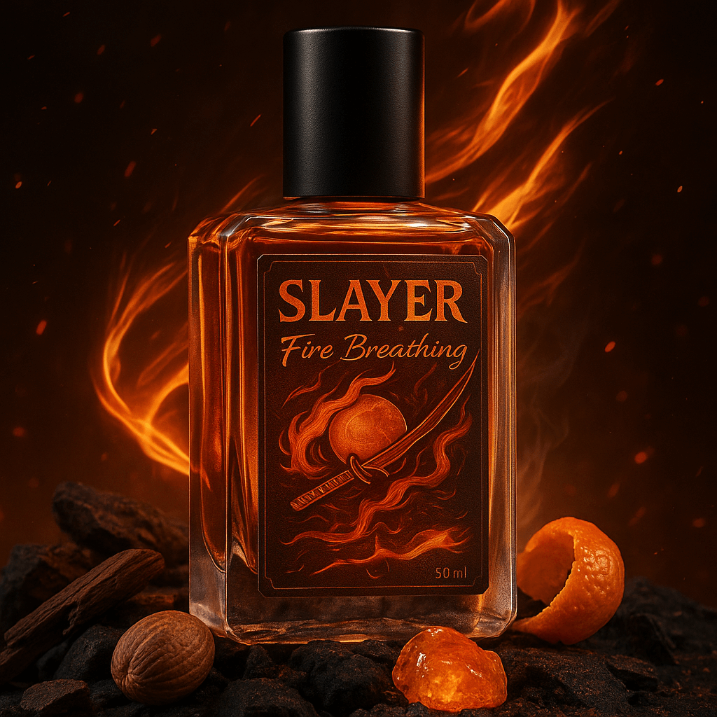 Bottle of 'Slayer Five Breathing' with fiery design on a dark background