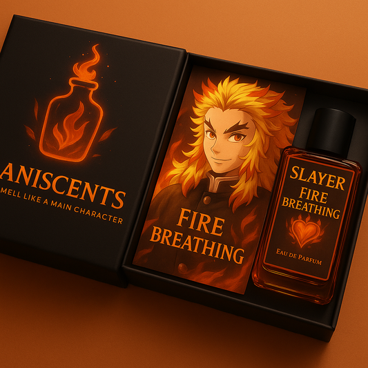 A premium black gift box with the AniScents logo glowing in orange, featuring a fiery bottle icon and the tagline "Smell Like a Main Character." Inside the box is a stylized anime character resembling Rengoku from Demon Slayer with fiery hair and a confident smile. Next to him is an elegant amber-colored perfume bottle labeled “SLAYER FIRE BREATHING – Eau de Parfum,” with a glowing flame heart symbol on it. The background is a rich orange hue, enhancing the fiery and powerful theme of the scent.
