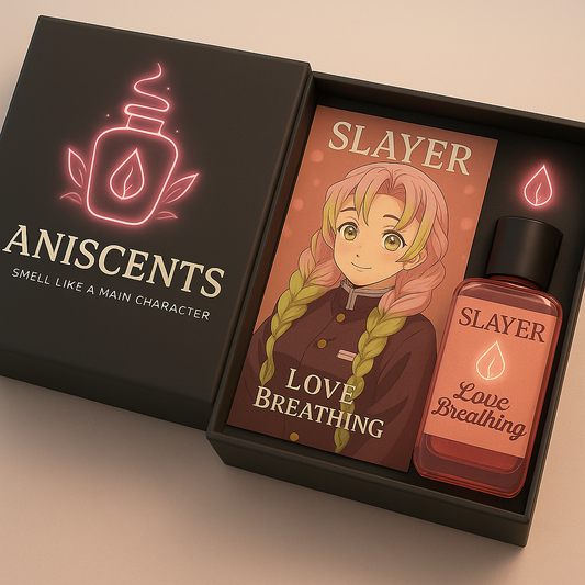 A luxurious black box from AniScents with a glowing heart-shaped perfume icon and the tagline “Smell Like a Main Character” in soft pinkish-red tones. Inside the box is an anime-style female character inspired by Mitsuri from Demon Slayer, with long flowing pink and green hair, wearing a warm, gentle smile. Beside her is a beautiful rose-pink perfume bottle labeled “SLAYER LOVE BREATHING – Eau de Parfum,” decorated with a glowing heart aura. The design radiates love, passion, and a dreamy, romantic vibe.