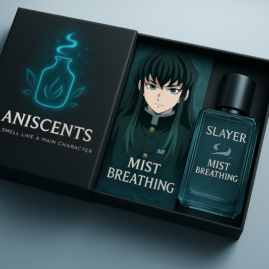 A sleek black AniScents box with a glowing misty bottle icon and the tagline “Smell Like a Main Character” in silver and cool gray tones. Inside the box is an anime-style character inspired by Tokito Muichiro from Demon Slayer, with long dark hair fading into bluish mist, calm eyes, and an ethereal, distant expression. Next to the character card is a smoky, translucent perfume bottle labeled “SLAYER MIST BREATHING – Eau de Parfum,” surrounded by swirling mist effects. The design evokes mystery, softness, an