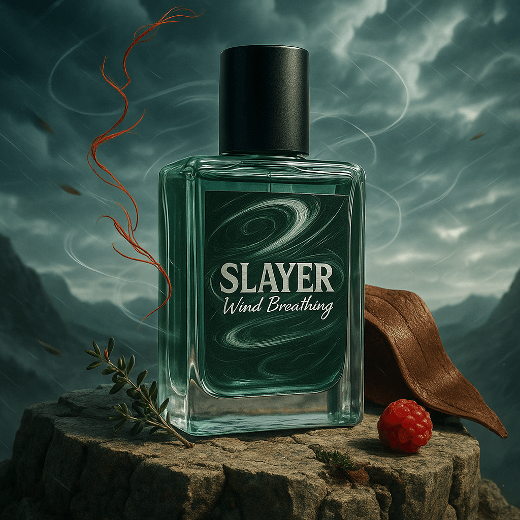 Perfume bottle labeled 'Slayer Wind Breathing' on a stone surface with natural elements.