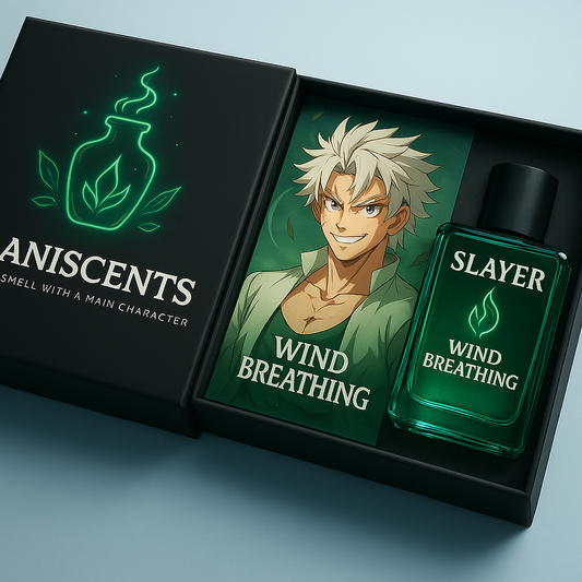 A bold AniScents box featuring a glowing wind swirl icon and the tagline “Smell Like a Main Character” in deep green and silver tones. Inside the box, an anime-style character inspired by Sanemi Shinazugawa from Demon Slayer stands with sharp eyes, spiky white hair, and a fearless grin. The perfume bottle beside him is labeled “SLAYER WIND BREATHING – Eau de Parfum,” with dynamic wind patterns swirling around it. The scene gives off a fierce, untamed, and high-energy vibe, reflecting raw strength and wild c