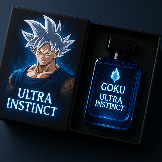 Goku Ultra Instinct perfume bottle with packaging featuring the character on a dark background