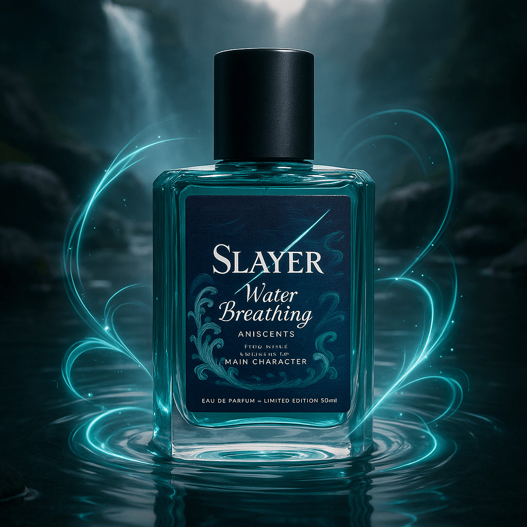 Bottle of Slayer Water Breathing perfume with a mystical background