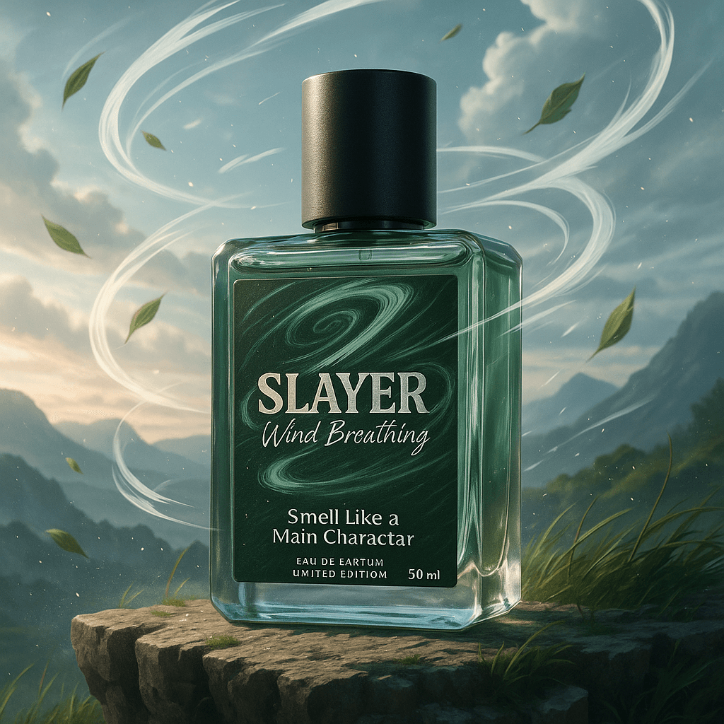 Perfume bottle labeled 'Slayer Wind Breathing' with a nature-themed background