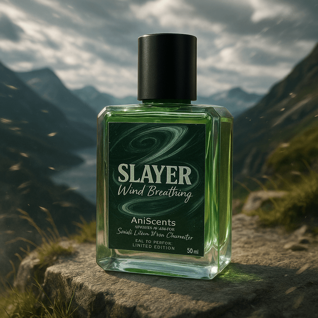 Bottle of 'Slayer Wind Breathing' perfume by AniScents on a rock with mountains in the background