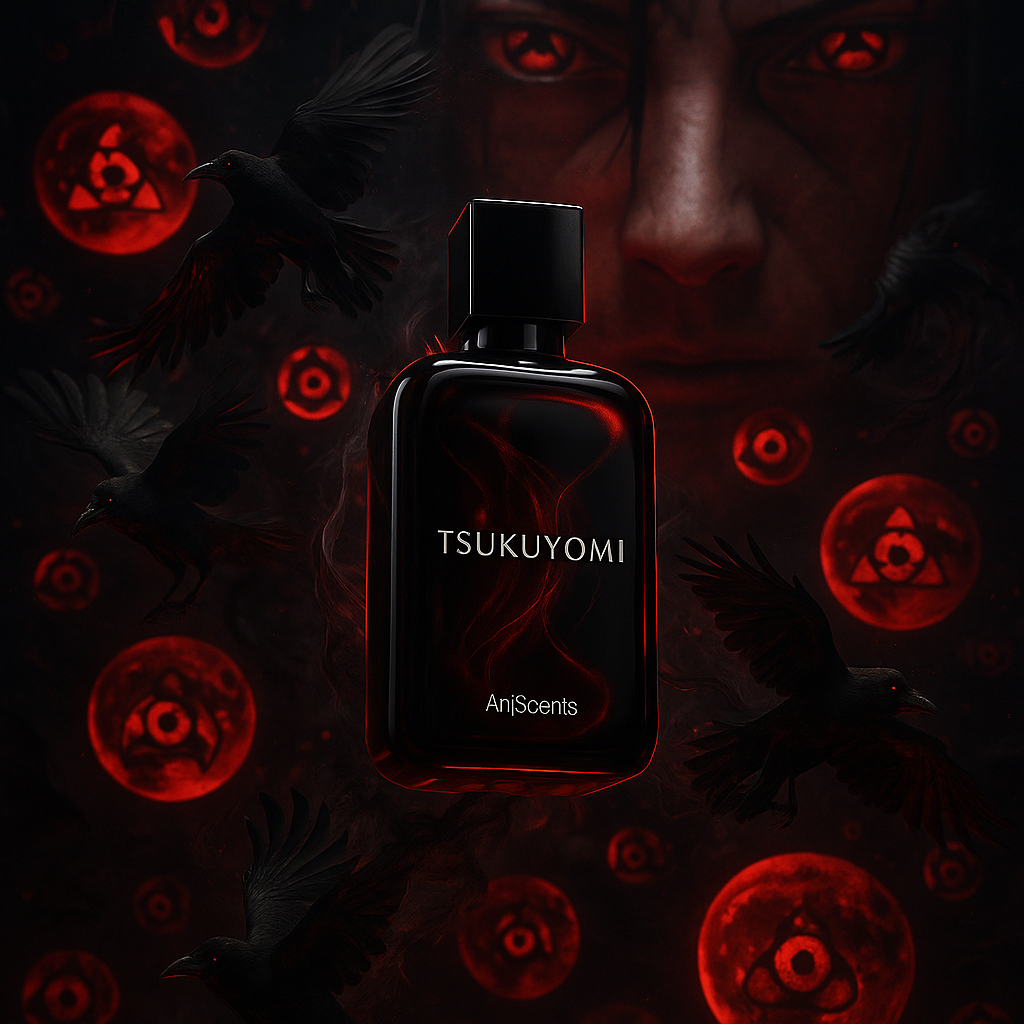Hyper-realistic CGI of Tsukuyomi Eau de Parfum with black cherry and incense elements