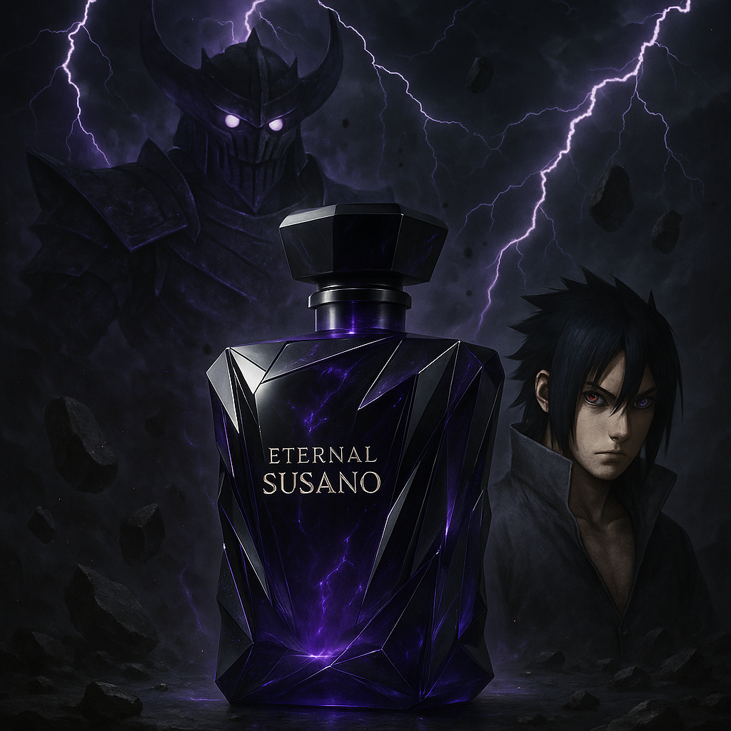 AniScents Eternal Susano perfume bottle glowing with purple Susanoo aura, inspired by Sasuke Uchiha and Tom Ford Oud Wood