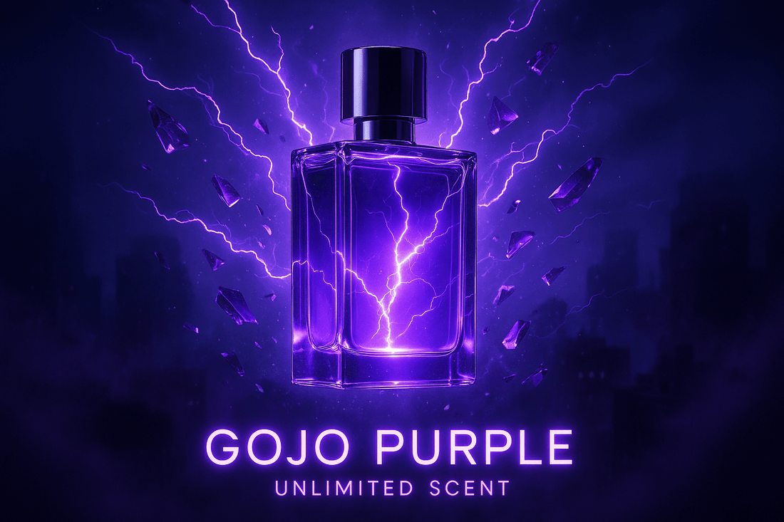 Stylish CGI bottle of Gojo Purple by AniScents glowing with purple energy.