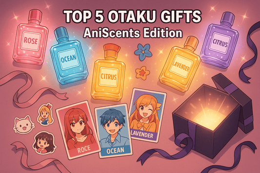 Wrapped AniScents perfume gift box with anime stickers and ribbons on table
