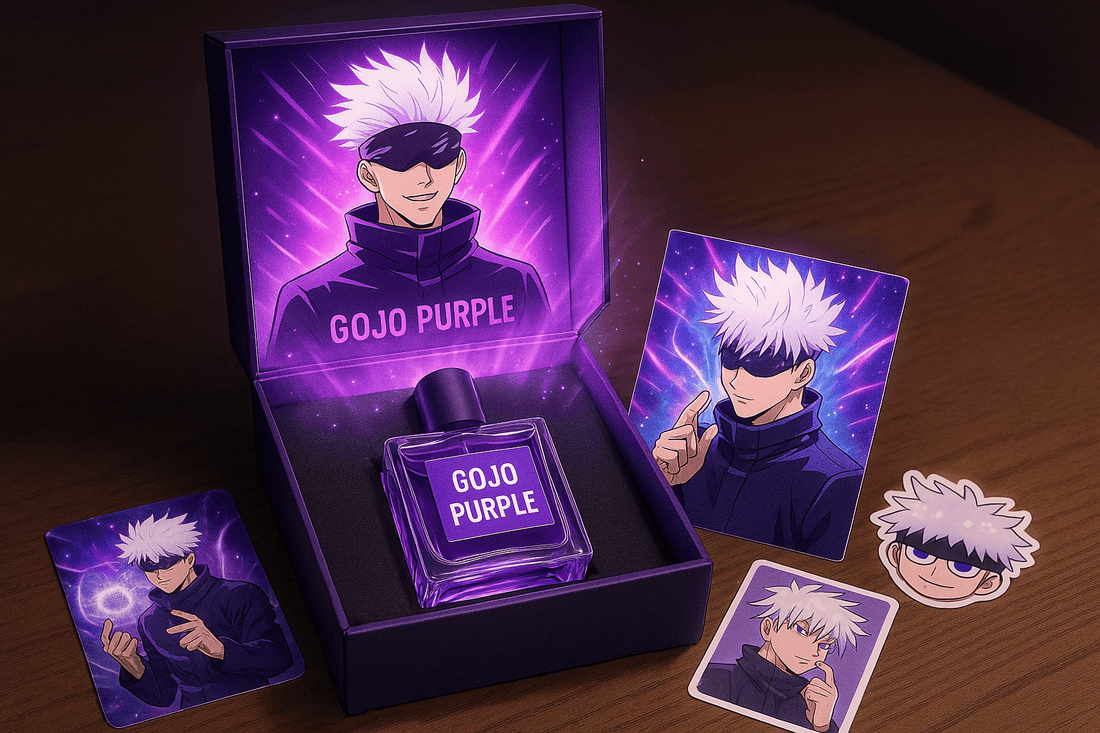 Unboxing AniScents custom perfume box with personalized anime power card, stickers, and photo.