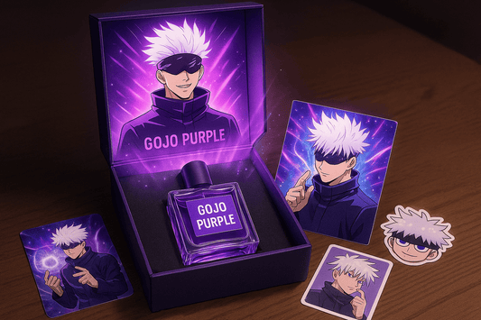 Unboxing AniScents custom perfume box with personalized anime power card, stickers, and photo.