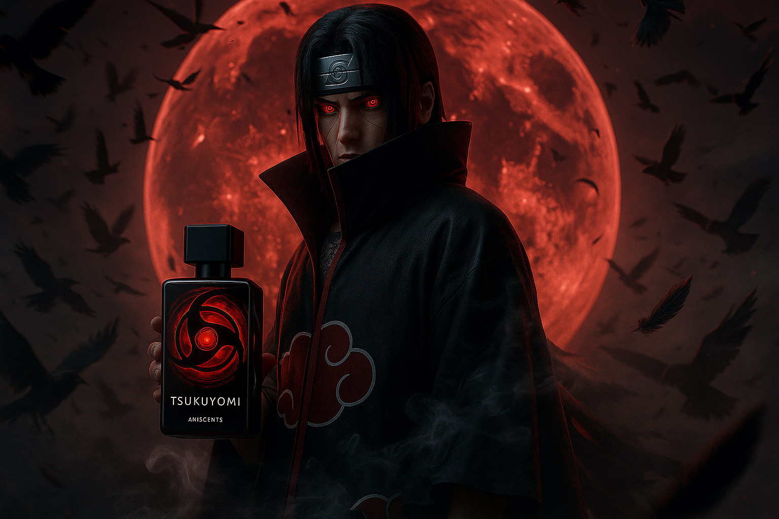 AniScents Tsukuyomi perfume bottle with crimson moon background inspired by Itachi Uchiha