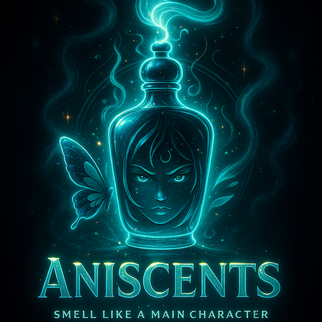 Vibrant illustration of a character in a glowing blue potion bottle with text 'Aniscents' on a dark background.
