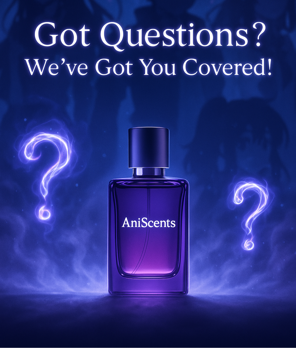 AniScents perfume bottle with glowing question marks and text on a blue background