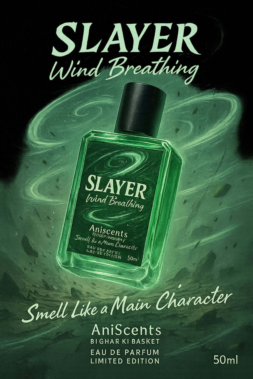 Slayer Wind Breathing unisex anime cologne with bold scent, inspired by Tuscan Leather, 50ml EDP from AniScents.