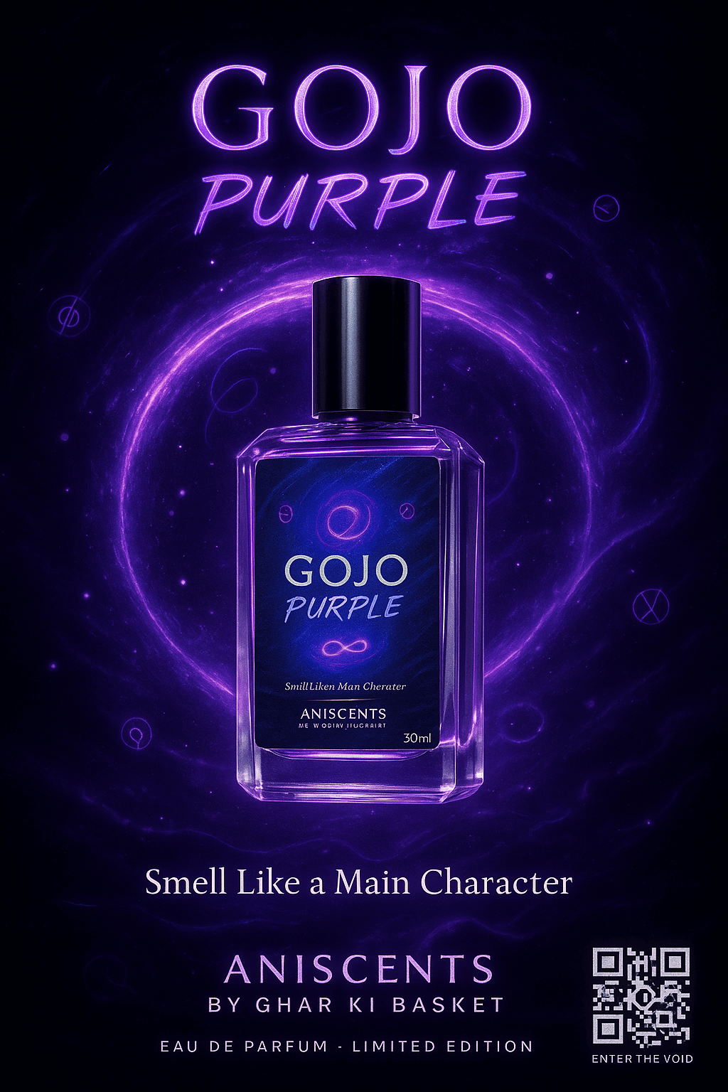 Gojo Purple perfume bottle with a dark background and glowing effects
