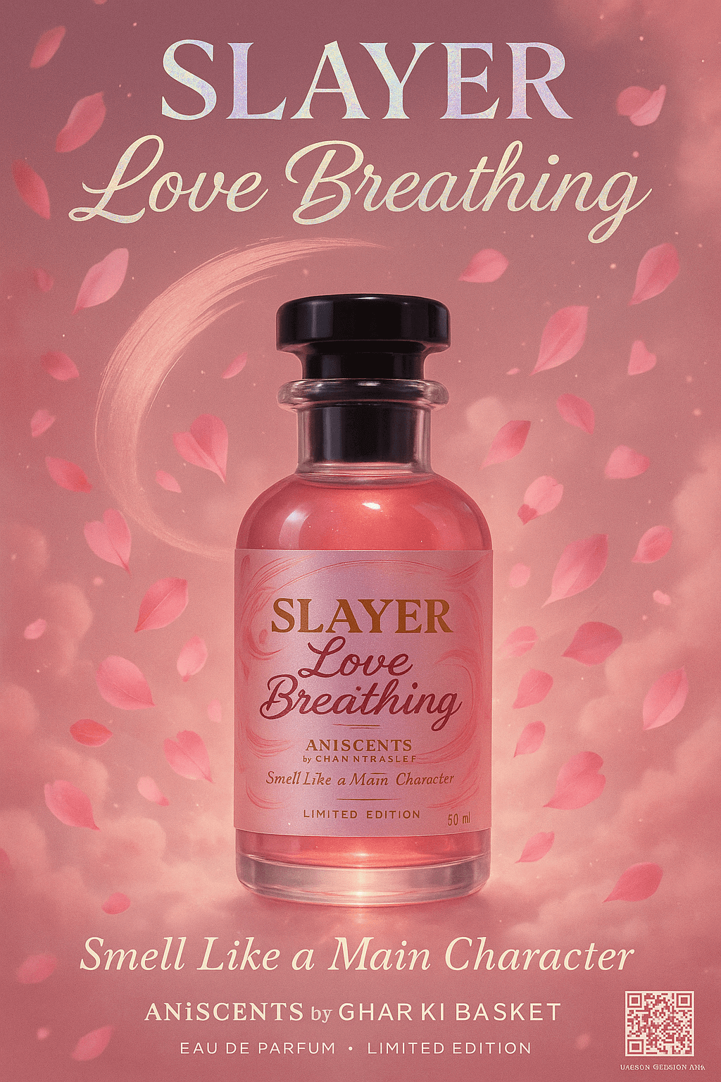 Slayer Love Breathing perfume bottle with floral accents, celebrating romance and strength, 50ml EDP, limited edition.