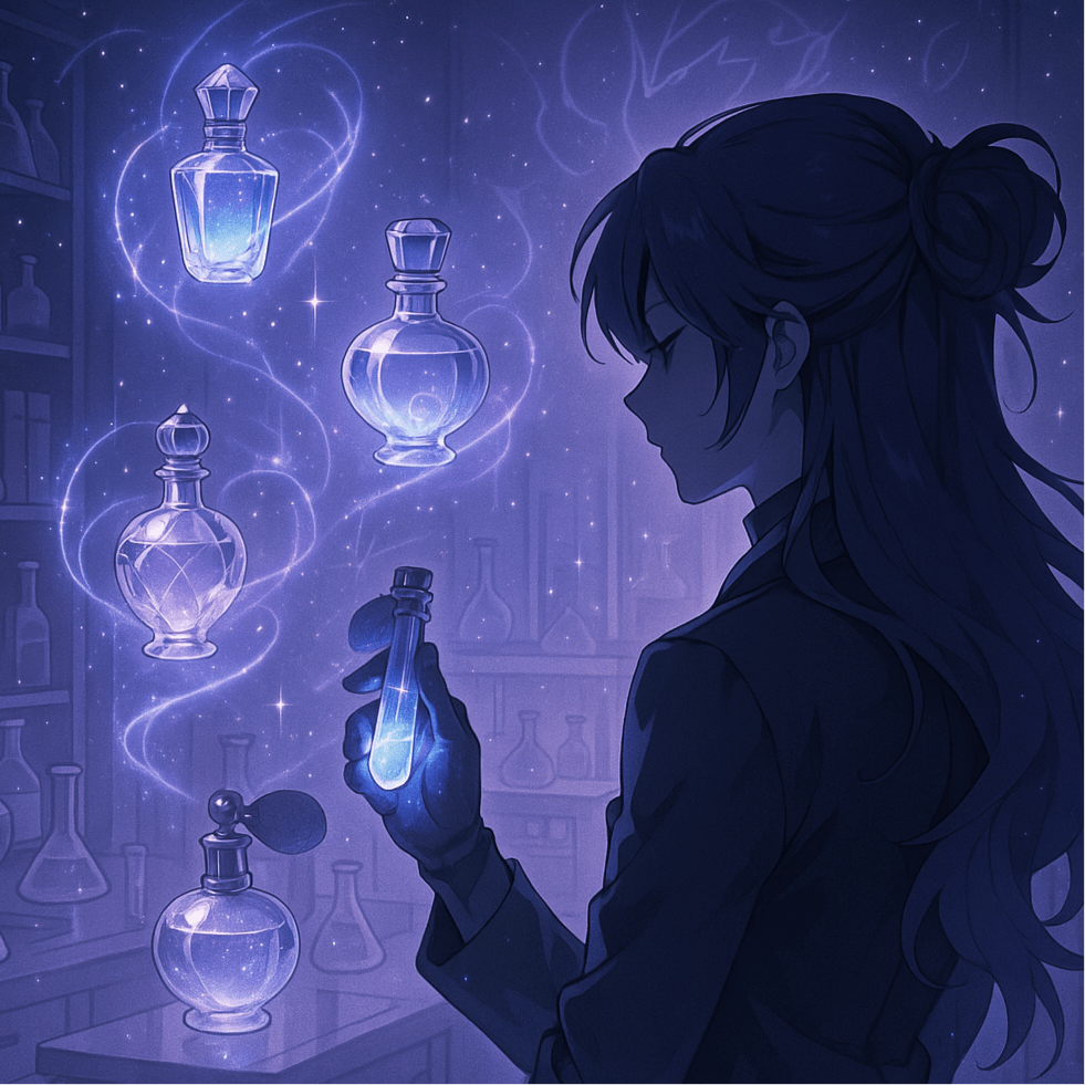 Illustration of a person holding a glowing potion bottle in a mystical potion shop.