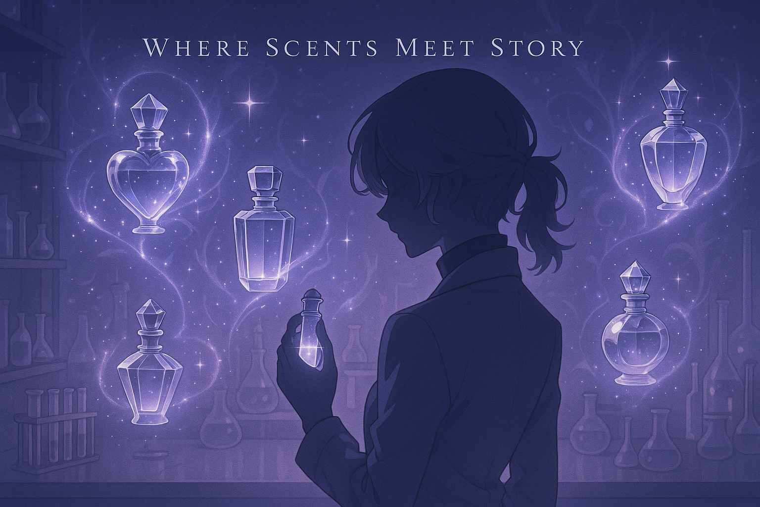 Silhouette of a person holding a perfume bottle with mystical potion bottles and text 'Where Scents Meet Story' on a dark background.