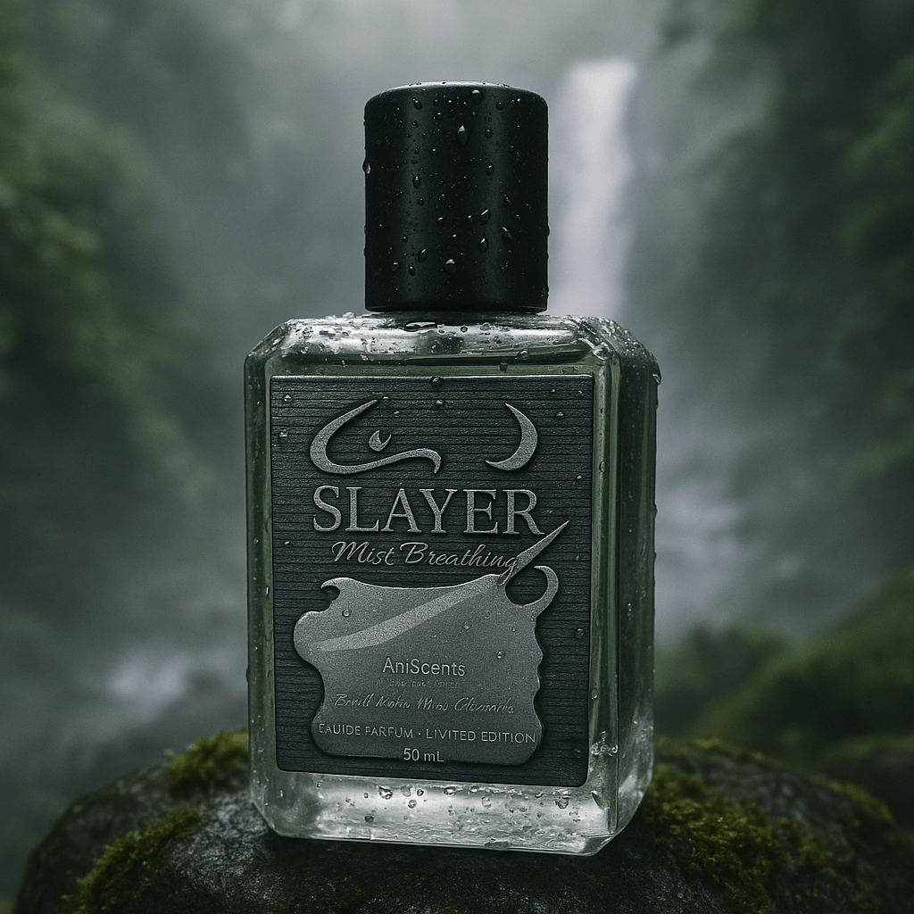 Bottle of 'Slayer' perfume with a forest background