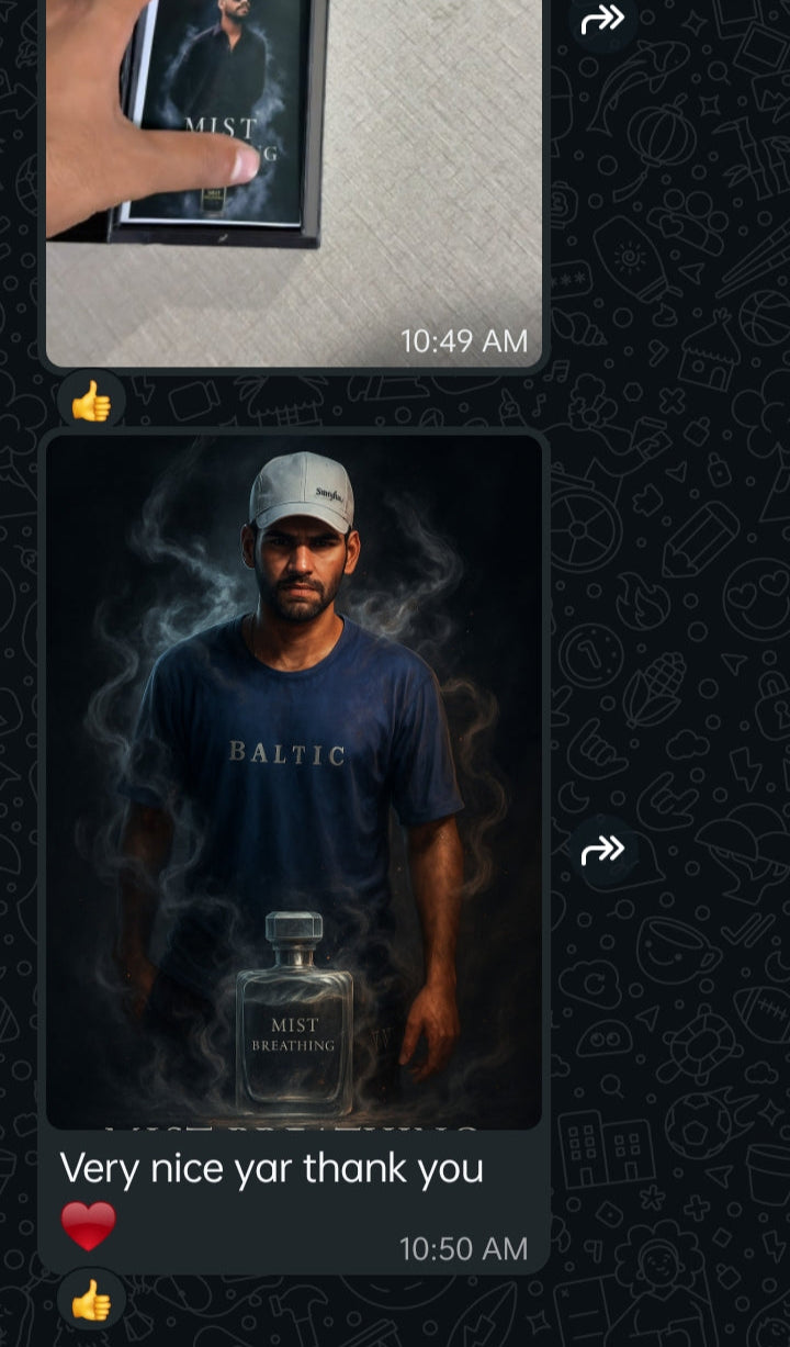 Text message conversation with a person wearing a cap and a bottle, on a dark background.