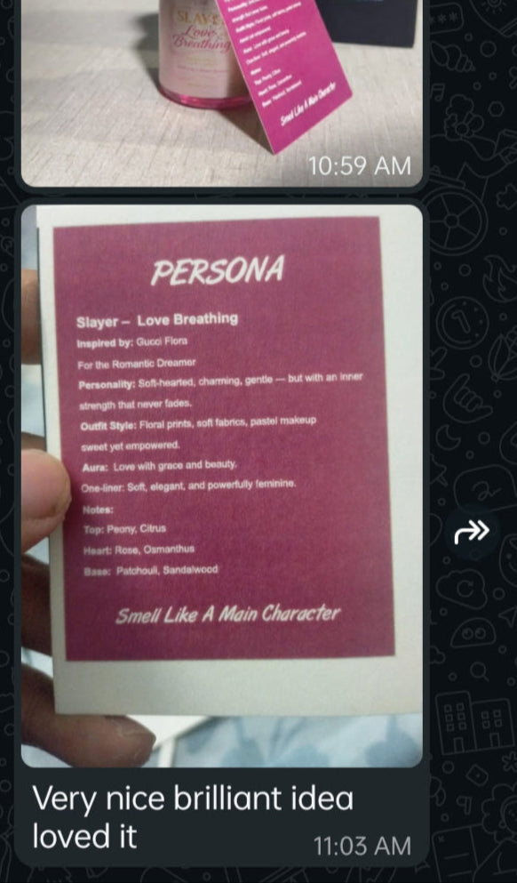 Phone screen showing a perfume bottle with a pink card and 'Persona' text.