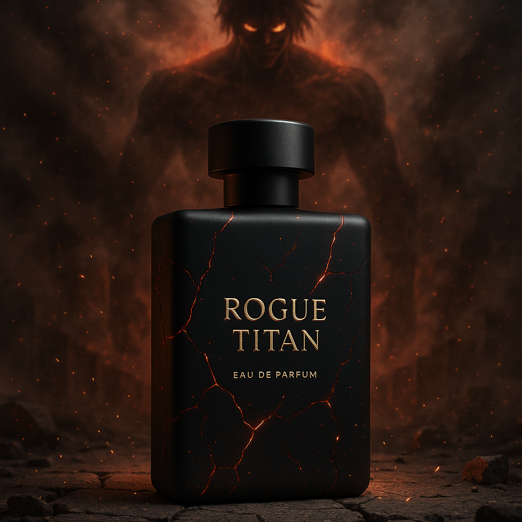 Black perfume bottle labeled 'Rogue Titan' with a dark, fiery background.