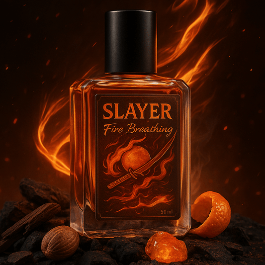 Bottle of 'Slayer Five Breathing' with fiery design on a dark background
