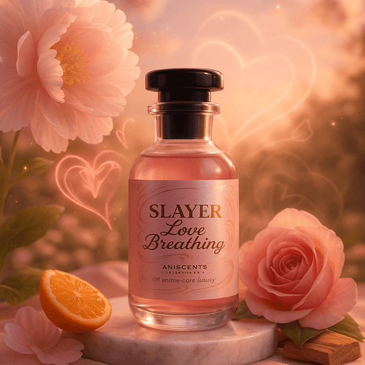 Perfume bottle labeled 'Slayer Love Breathing' with flowers and an orange on a decorative stand.