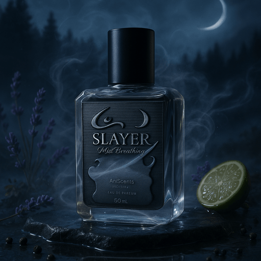 Perfume bottle labeled 'Slayer Mist Breathing' with a mystical background