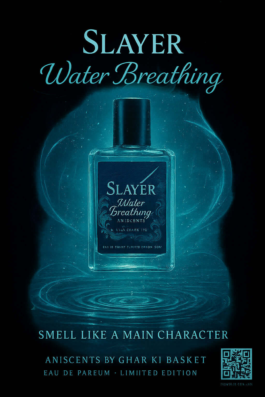 Slayer Water Breathing anime perfume inspired by Azzaro Wanted, 50ml Eau de Parfum bottle with misty aesthetic