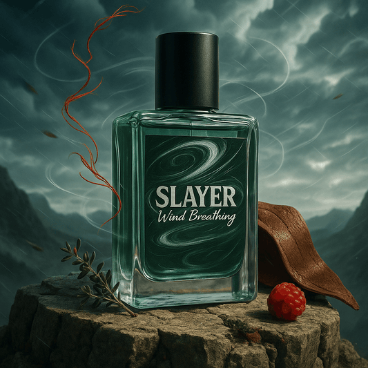 Perfume bottle labeled 'Slayer Wind Breathing' on a stone surface with natural elements.