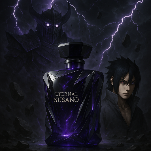 AniScents Eternal Susano perfume bottle glowing with purple Susanoo aura, inspired by Sasuke Uchiha and Tom Ford Oud Wood