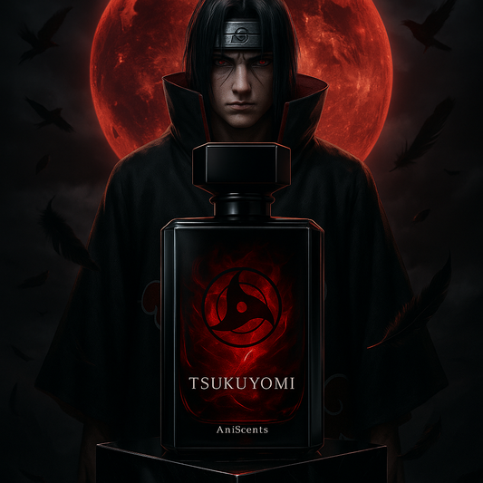 AniScents Tsukuyomi perfume bottle with crimson moon background inspired by Itachi Uchiha